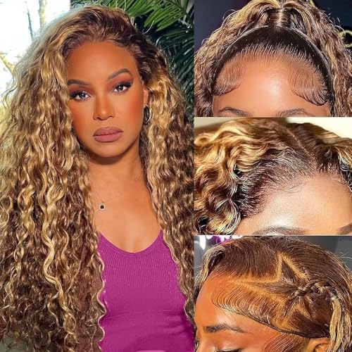 Honey Blonde Deep Wave Wigs Human Hair Highlight Ombre Lace Front Wigs Human Hair 4/27 Curly Wig for Black Women 200% Density 13x6 Wet and Wavy Human Hair Wig