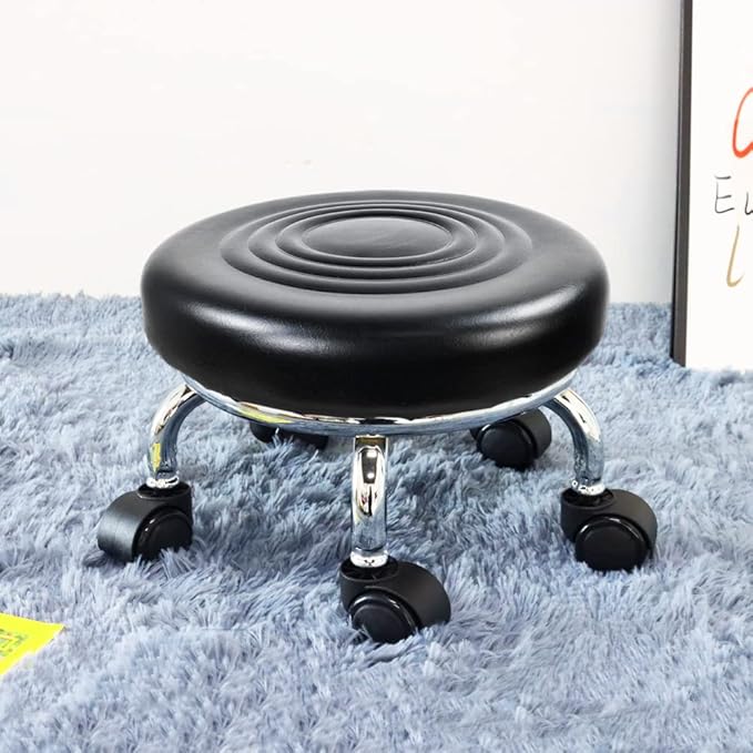 WKWKER Modern Roller Seat PU Leather Foot Stool Low Round Rolling Stool 360° Step Stool Swivel Small Seat with Universal Wheels for Home Office Garage Shop Fitness Sport H：8.4" （Black）