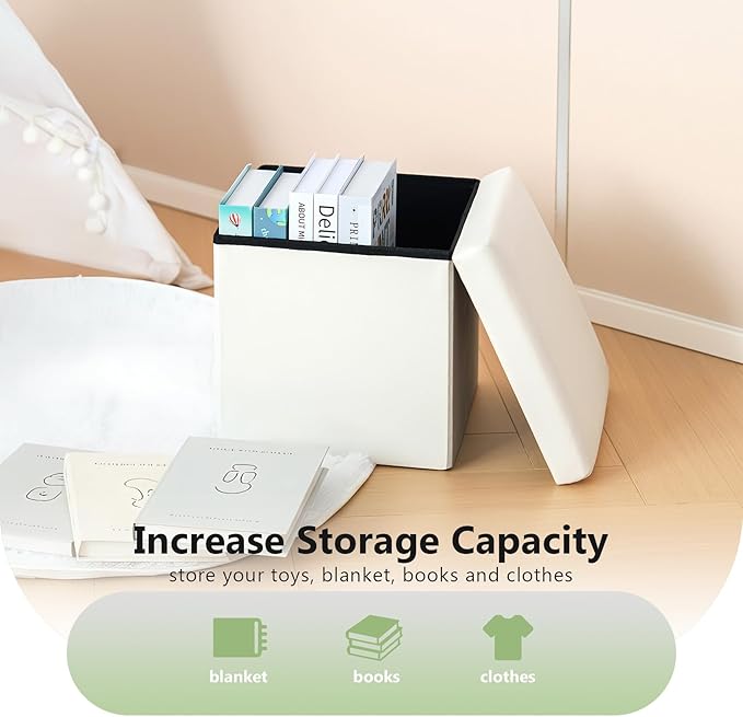B FSOBEIIALEO Folding Storage Ottoman Cube Faux Leather Ottomans for Living Room, Bedroom, Home Office, Dorm Storage Footrest White 11.8"x11.8"x11.8"