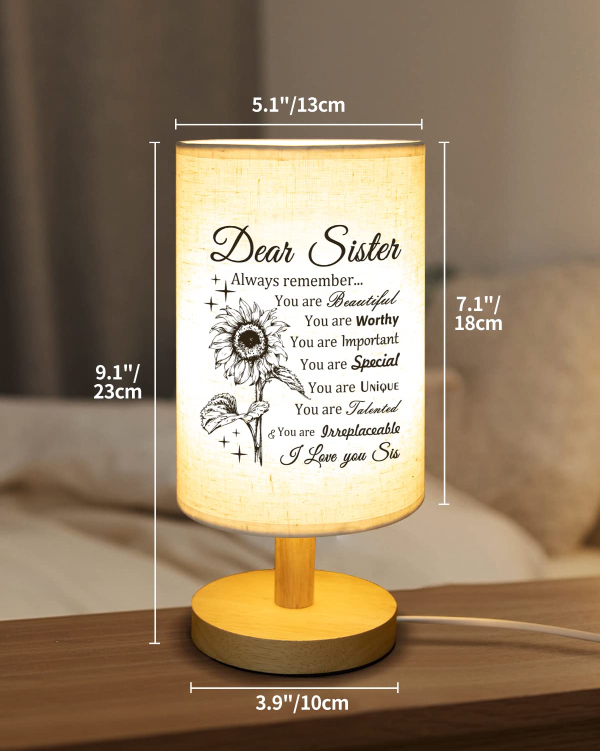 Calibron Sister Gifts, Sister Birthday Gifts Fabric Lamp, Birthday Gifts for Sister, Sisters Gifts from Sister Table Lamp with Wooden Stand, Anniversary Wedding Gifts for Sister