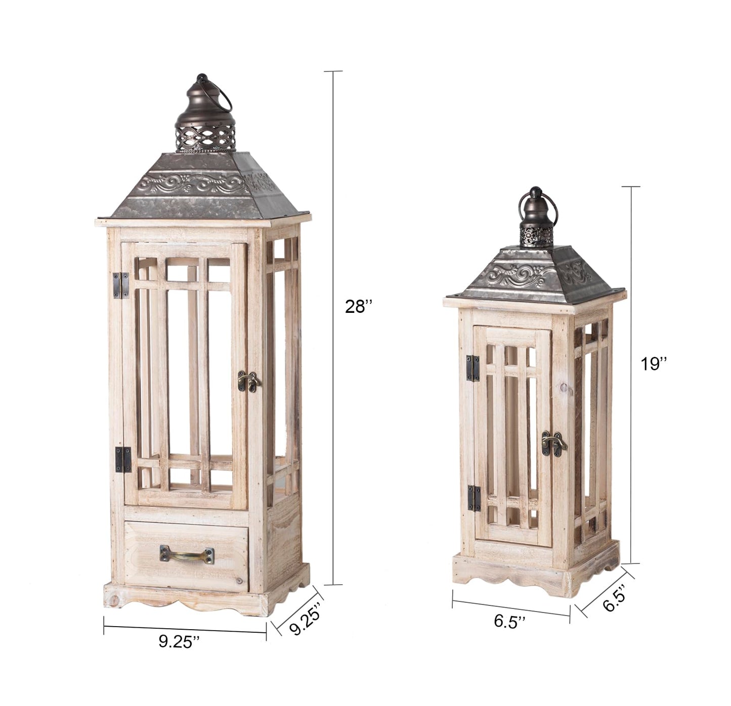 TIMRIS Large Rustic Wooden Metal Decorative Lantern Set of 2, Modern Farmhouse Floor Candle Lanterns with Drawer, Indoor/Outdoor Hanging Lanterns for Home Decor (No Glass)