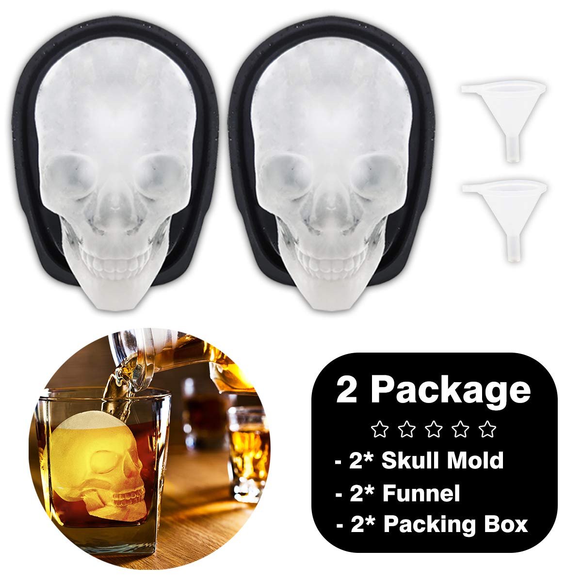 Extra Large 3D Skull Ice Cube Mold Silicone Ice Molds for Whiskey Skull Ice Cube Trays with Funnel for Big Mouth Cup Skull Ice Maker with Resin Chocolate sugar Whiskey Ice Mold for Parties (2 Pcs)