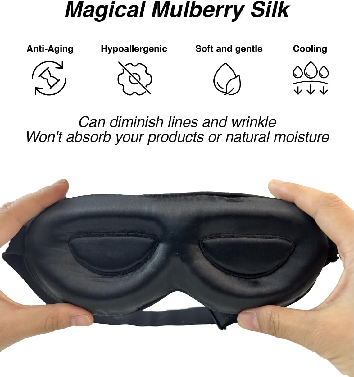 PROMEED Adjustable 100% Mulberry Silk Sleep Mask 23 Momme, 3D Contoured No-Pressure Cup Eye Mask for Sleeping, Super Soft Breathable Blindfold, Perfect Blocks Light for Sleeping (Black)