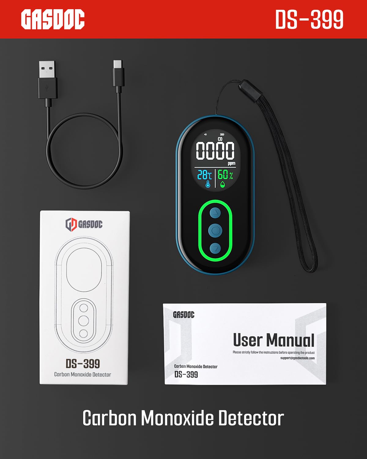 GasDoc DS-399 Portable Carbon Monoxide Detector, 168H Standby, Rechargeable 3-in-1 CO Detector with Audible & Visual Alerts for Travel & Camping, CO Meter for Home, Car & Tent