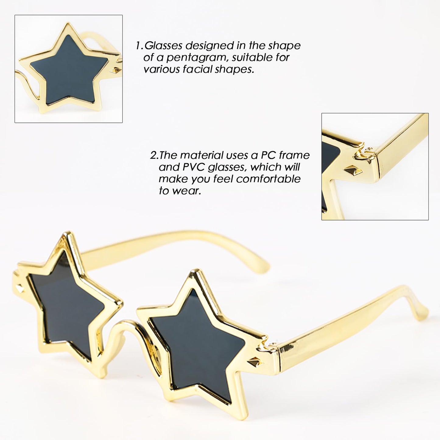 Snimoln Star Shape Sunglasses - 2 PCS Pentagram Glasses for Graduation Grad Party Prom Photos Props Frame Fancy Eyeglasses for Girls Boys Women