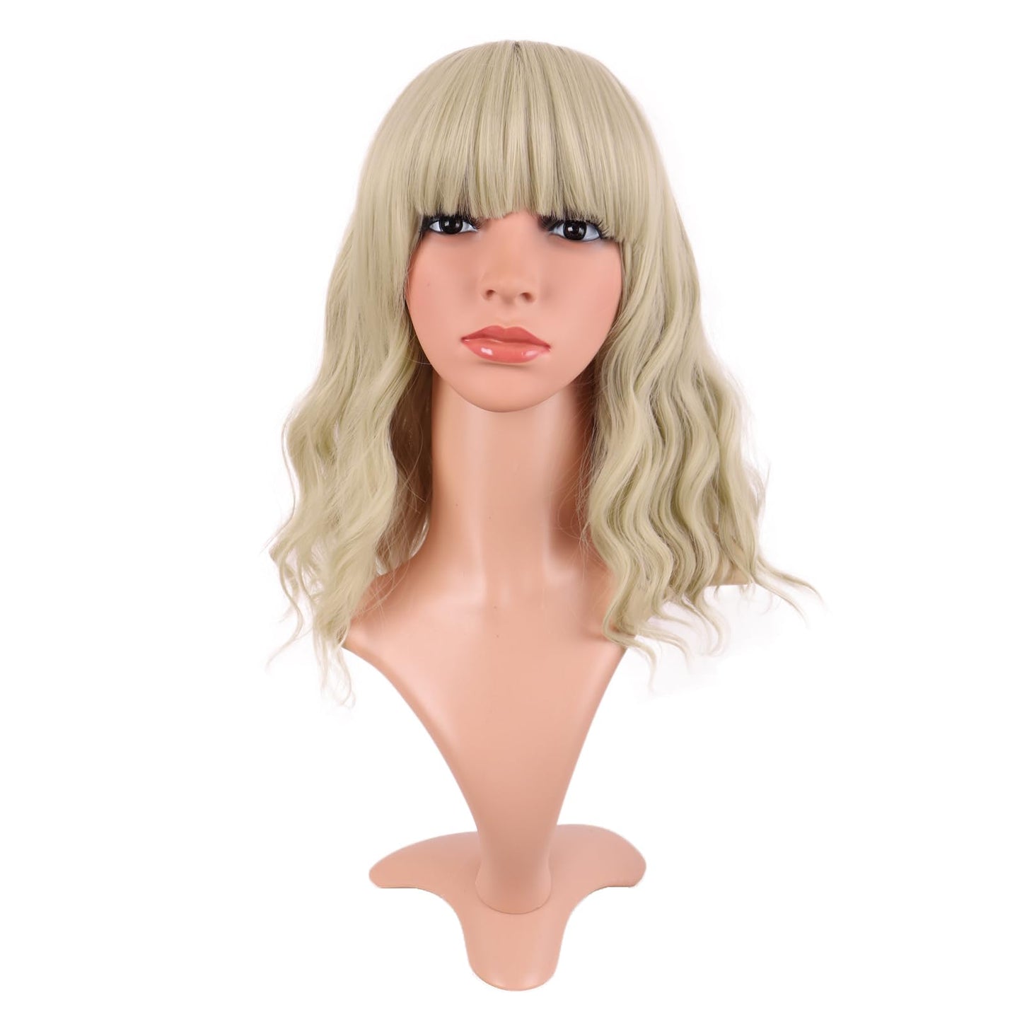 MapofBeauty 14 Inch/35 cm Short Wavy Curly Women Fresh Bright Synthetic Ordinary Flat Bangs Bob Wig (Blonde)