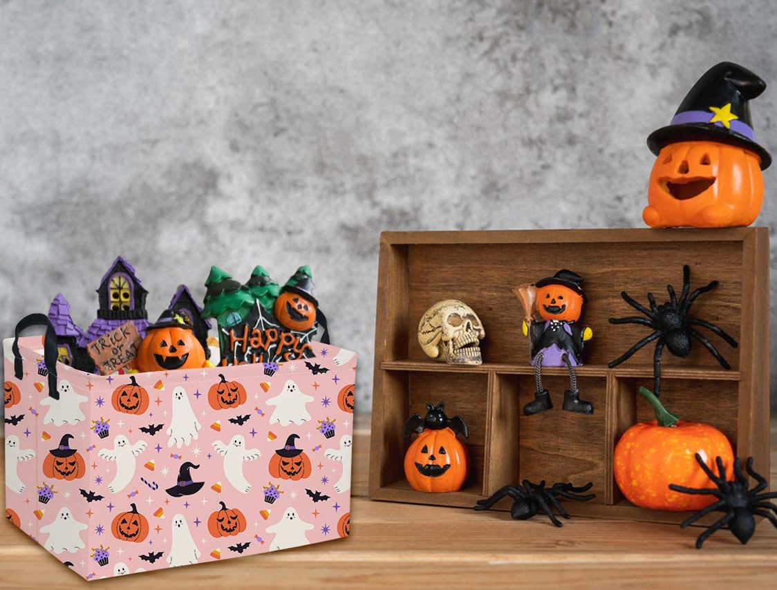 DDBASKET Rectangular Halloween Basket Pink Baskets Trick or Treat Basket Rectangular Toy Storage Bin Organizer Box Room Decor for Halloweens Parties.(Pink Halloween)