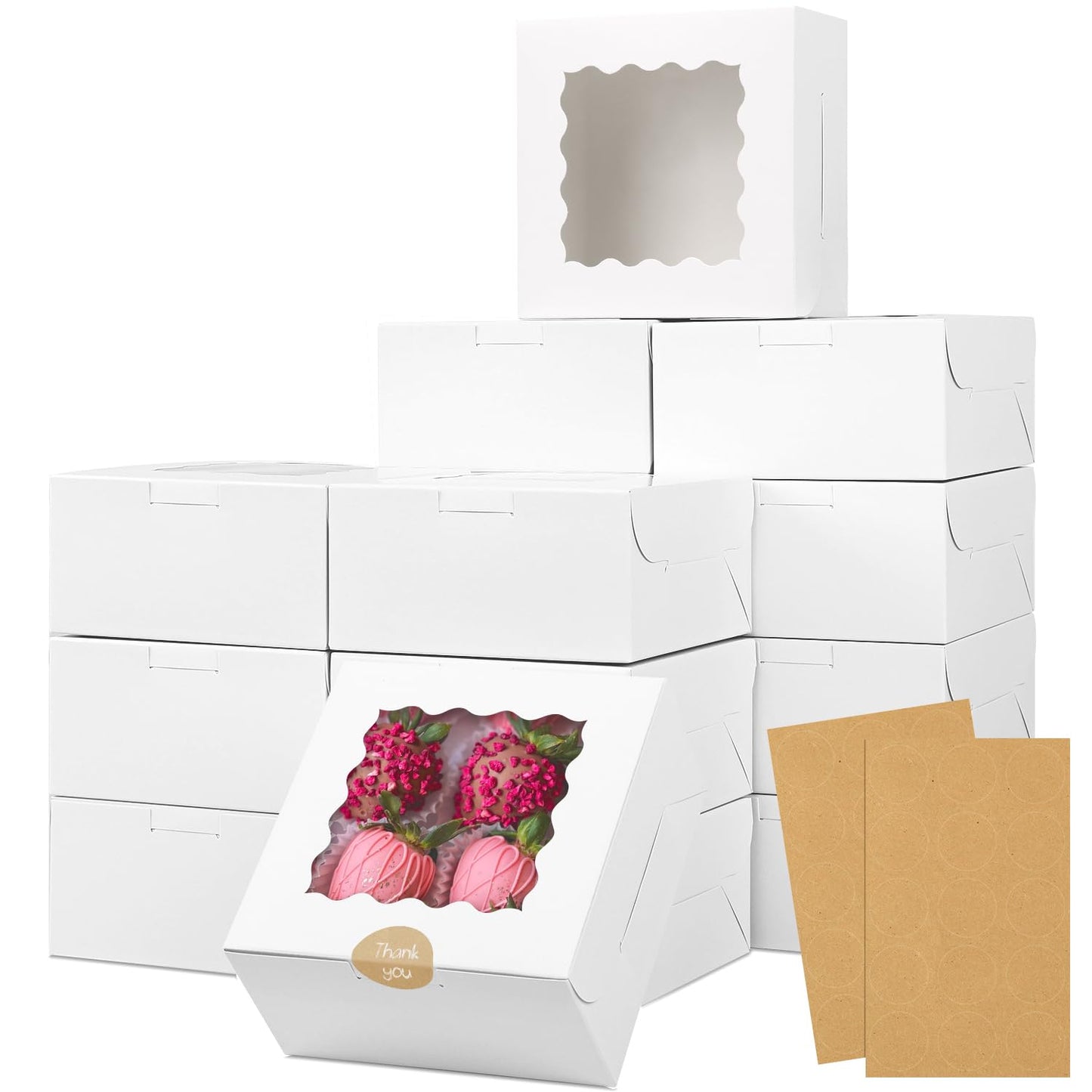 Moretoes 30pcs Cookie Boxes, 6x6x3 Inches Bakery Box with Window, White Treat Containers for Small Pie, Chocolate Covered Strawberries, Cupcake and Pastry