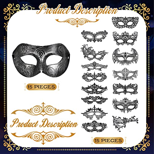 Liliful 30 Pcs Couple Masquerade Mask for Women Men Black Lace Antique Venetian Mask for Carnival Cosplay Christmas Party ...