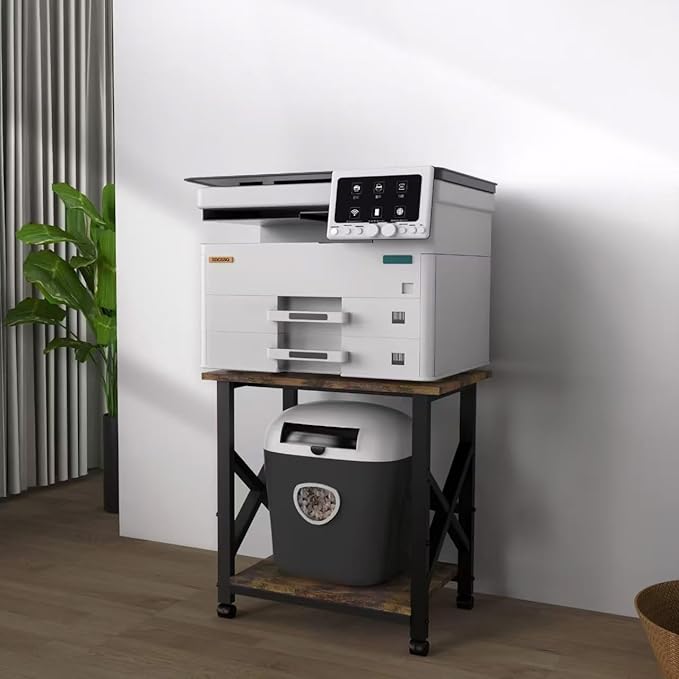 MILEFA Large 23.6 x 23.6 Inches Printer Stand with 3 Tiers, Height Adjustable Storage Shelf, Rolling Printer Cart with Industrial Wheels - Rustic Brown Home Office Printer Table
