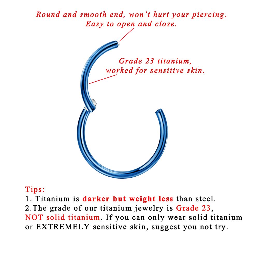 FANSING Blue Titanium Nose Rings for Women Men 18G 9mm Nose Hoop 18 Gauge Cartilage Earring Hoops for Helix Earlobe Rook Septum