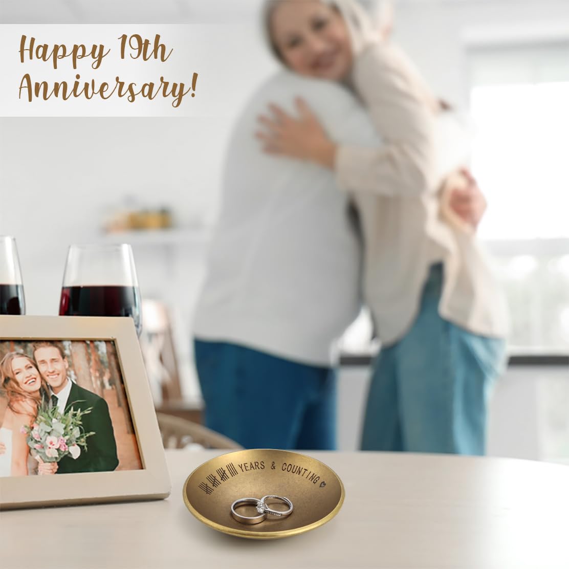 Urllinz Bronze Gifts for 19th Anniversary Jewelry Tray - Bronze Ring Holder Dish & Card & Box, 19 Year Wedding Gifts for Him Wife Her Couple, 4"