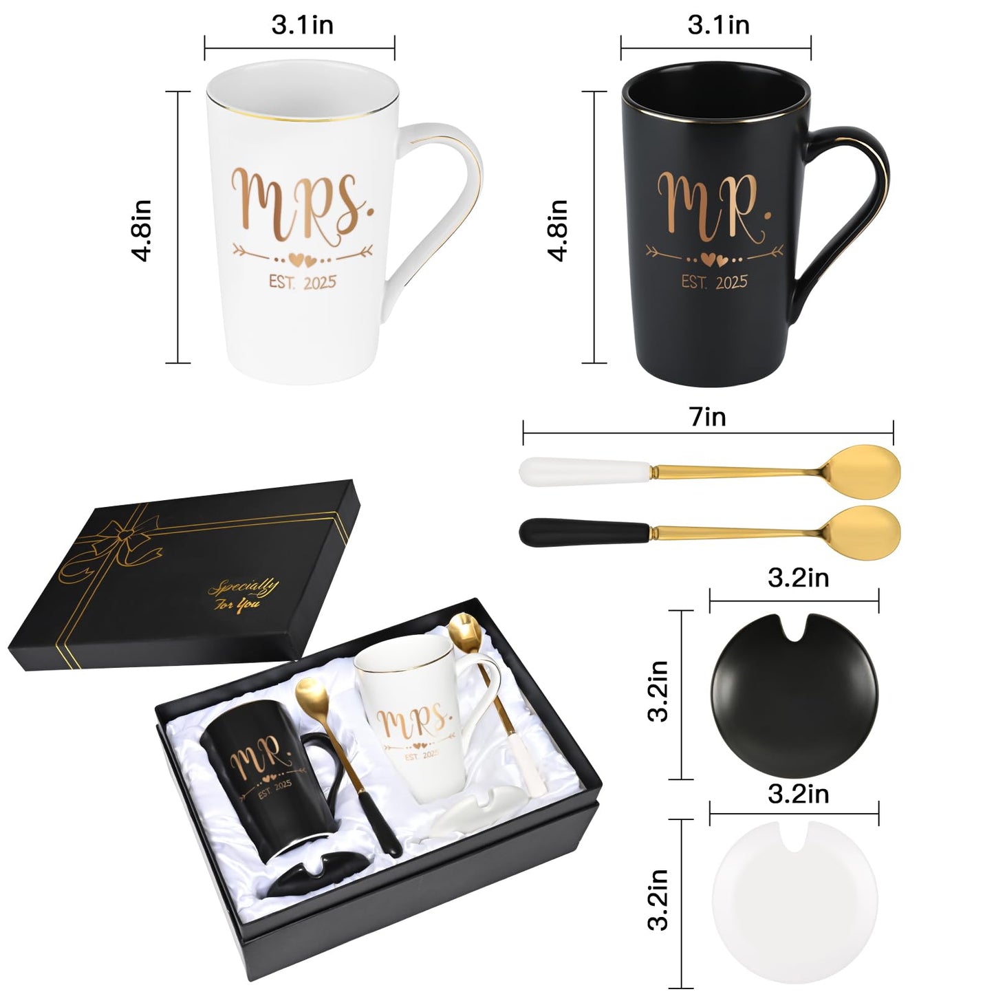 Cabtnca Wedding Gifts, Mr And Mrs Gifts, Engagement Gift for Couples 2025, Mr And Mrs Est 2025 Mug Set, Wedding Registry Bridal Shower Gift, 14 Oz Black & White