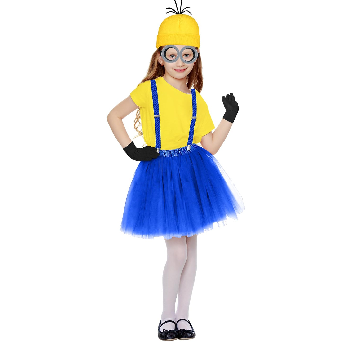 MEEZY 5 Pcs Halloween Costume Accessories for Girls Yellow Beanie Tutu Skirt Suspenders Goggles Gloves Halloween Costumes Party Cosplay Dress Up Set