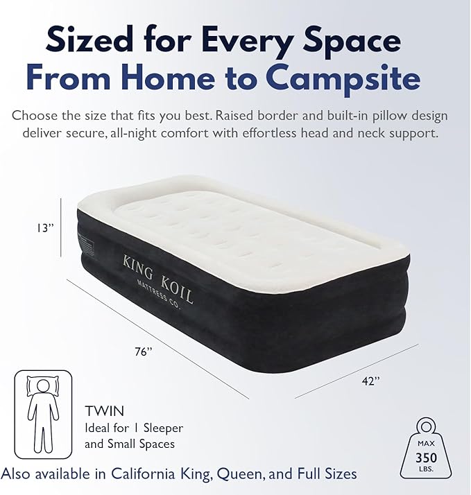 King Koil Plush Pillow Top Twin-Size Inflatable Air Mattress with Built-in High-Speed Pump for Camping, Home & Guests - Luxury 13" Twin Airbed Blow Up Mattress Waterproof, 1-Year Warranty