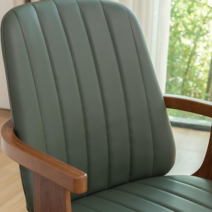 WUPOTO Set of 1 MCM Dining Chair, Mid Century Modern Chair with Walnut Craftsmanship, Upholstered Faux Leather, Wooden Arms and Legs, Faux Leather Dining Chair for Kitchen/Living Room - Green