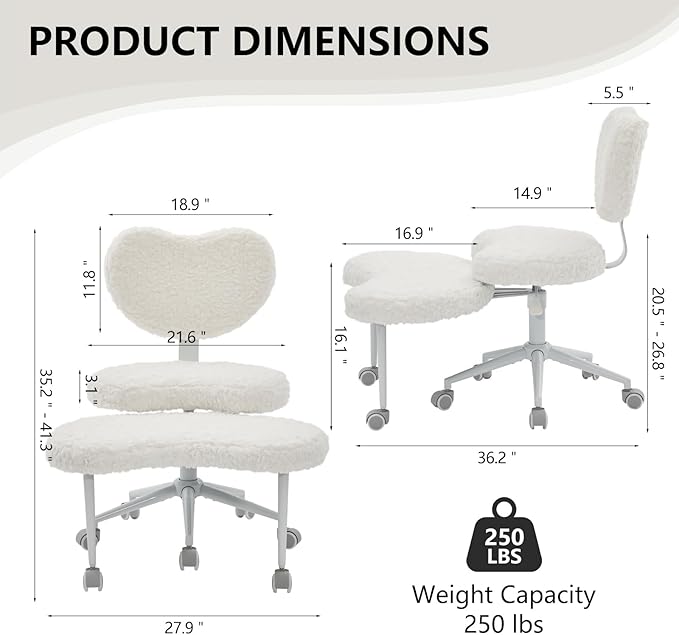 Cross Legged Office Chair with Wheels–360°Swivel Meditation Chair, Adjustable Height Yoga Office Chair for Adults, Ergonomic Kneeling Chair with Back Support for ADHD, Faux Fur, Cream
