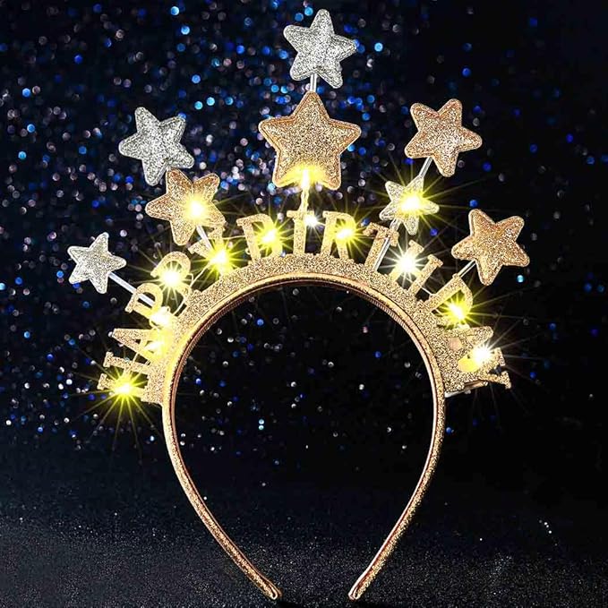 Uranian Light Up Happy Birthday Headbands LED Glitter Star Halo Crown Glowing Birthday Hairbands Party Hair Accessories fo...