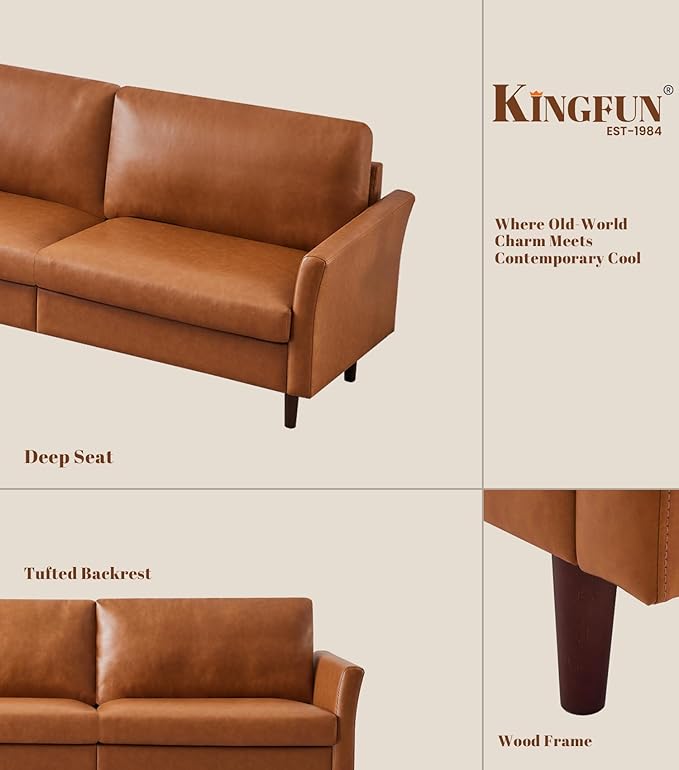 Kingfun Living Room Furniture Sets, 3 Seater Sofa, Loveseat and Loveseat, Mid Century Modern Sofa Set, Faux Leather Couch with Solid Wood Frame for Living Room & Bedroom, Chestnut