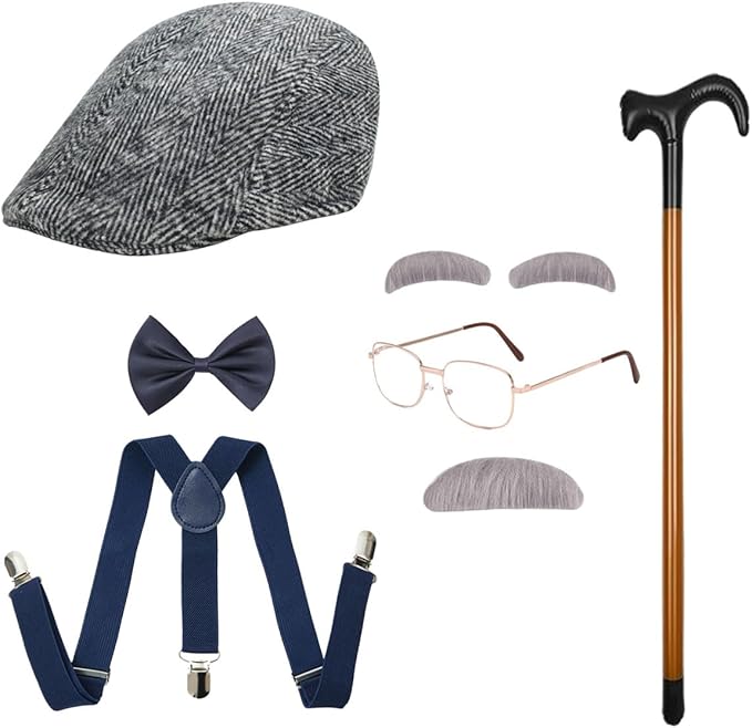 Old Man Costume Grandpa Accessories Set with Old Man Glasses Suspenders Bow Tie Cane Hat