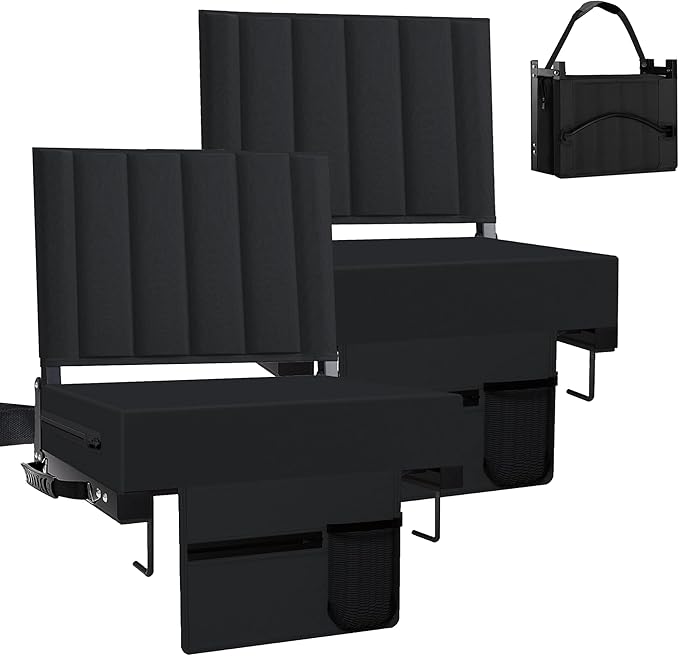 Aliphon Stadium Seat for Bleachers with Back Support and Cushion, Bleacher Seats with Shoulder Strap and Cup Holder, Padded Portable Folding Comfort Stadium Chair, for Sports Events, Black (2pcs)