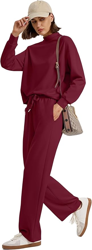 WIHOLL Two Piece Sets for Women Fall Outfits Lounge Sets Mock Neck Tops Wide Leg Pants Vacation Travel Airport Outfits