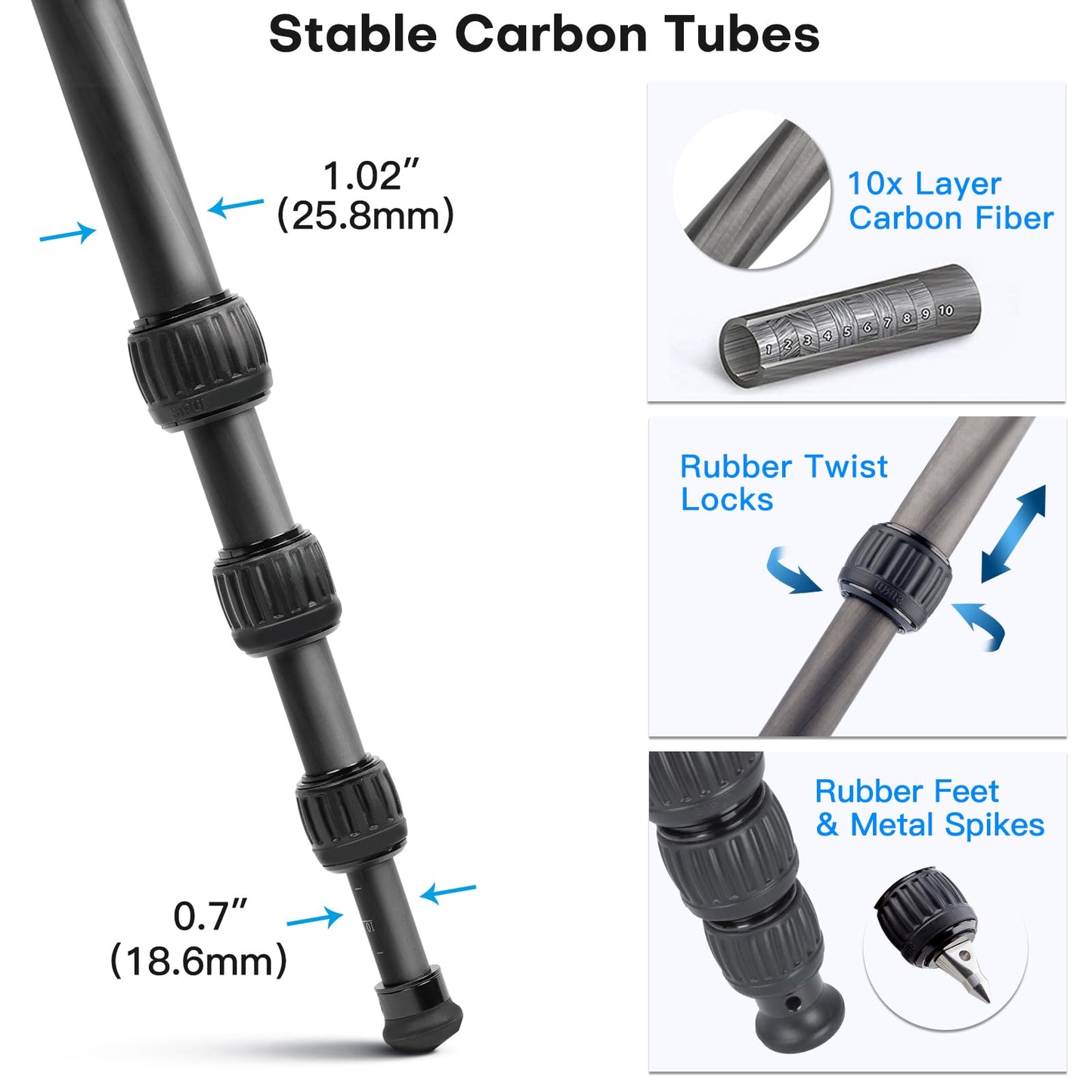 Sirui 47.2 Carbon Fiber Tripod, Lightweight Compact Camera Tripod For Travel, 4-Section Legs, Twist Locks, Detachable Steel Spik