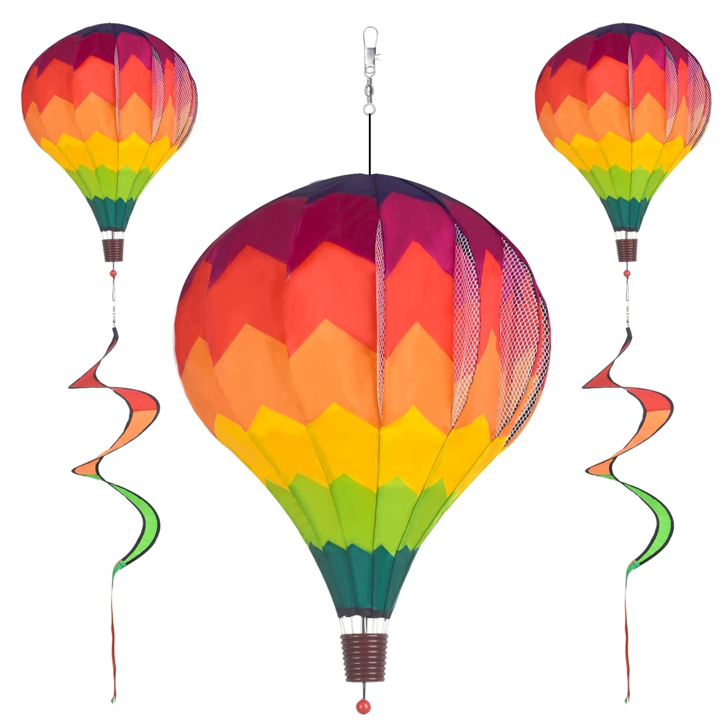BusyLittleBee 2Pack Multicolor Hot Air Balloon Rainbow Wind Spinner Garden Decor, 59" H x 12" W, Nylon, UV & Weather Resistant, Fully Collapsible