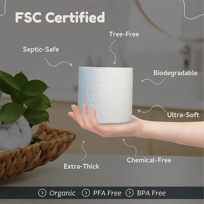 Bamboo Toilet Paper - Organic Ultra Soft 3 Ply - Chemical & PFAS Free, Non-Toxic - 350 Sheets, 12 Pack - Septic Safe, Sustainable - Plant Trees Initiatives with Each Purchase
