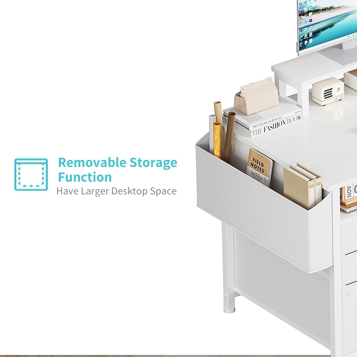 Lufeiya Large L Shaped Computer Desk with Fabric File Drawers Cabinet, 66 Inch Home Office Desks with Filing Cabinet and Storage Shelves, Corner Gaming Desk with 2 Movable Monitor Stands, White
