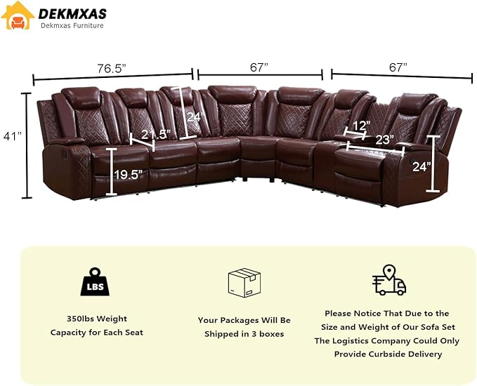 Dekmxas Leather Sectional 3-Piece Living Room Furniture Sets with LED Light, Power Recliner Sectional Sofa, Brown Power Reclining Sofa Couches Set with Cup Holder/Storage Console for Home Theater
