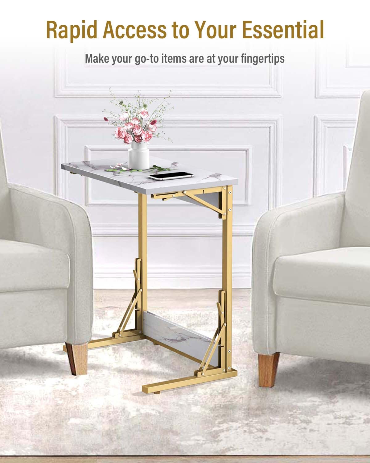 Tatub 24" Folding TV Tray Table, Marble C Shaped End Table for Couch, Small Sofa-Side Laptop Desk with Gold Metal Frame for Living Room, Bedroom, Bedside