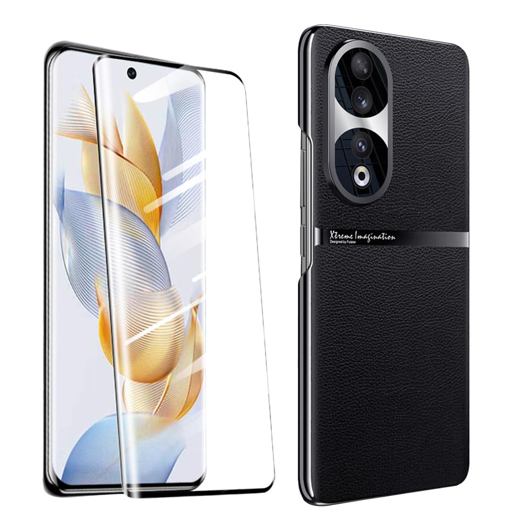 QUIETIP Hard Case Compatible with Honor 90 5G with Tempered Glass Screen Protector,Slim Shockproof Vegetarian Shell Metal Lens Protective Cover,Black -Like New