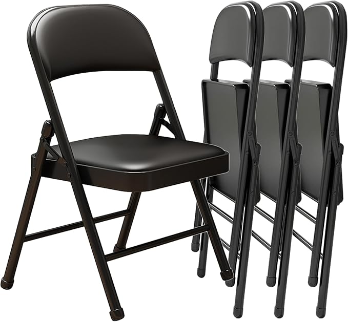 KAOCHA Black Padded Folding Chairs with Cushion 4 Pack, Heavy Duty Steel Metal Frame Foldable Chair for Indoor and Outdoo...