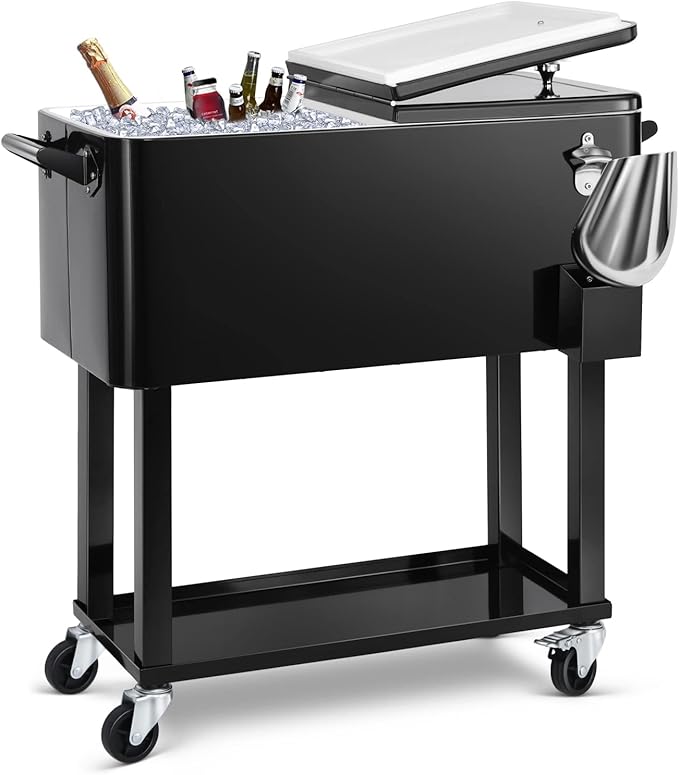 EDOSTORY 80 Quart Rolling Ice Chest Cooler Cart,Patio Backyard Party Drink Beverage Bar Stand Up Cooler Trolley with Ice S...
