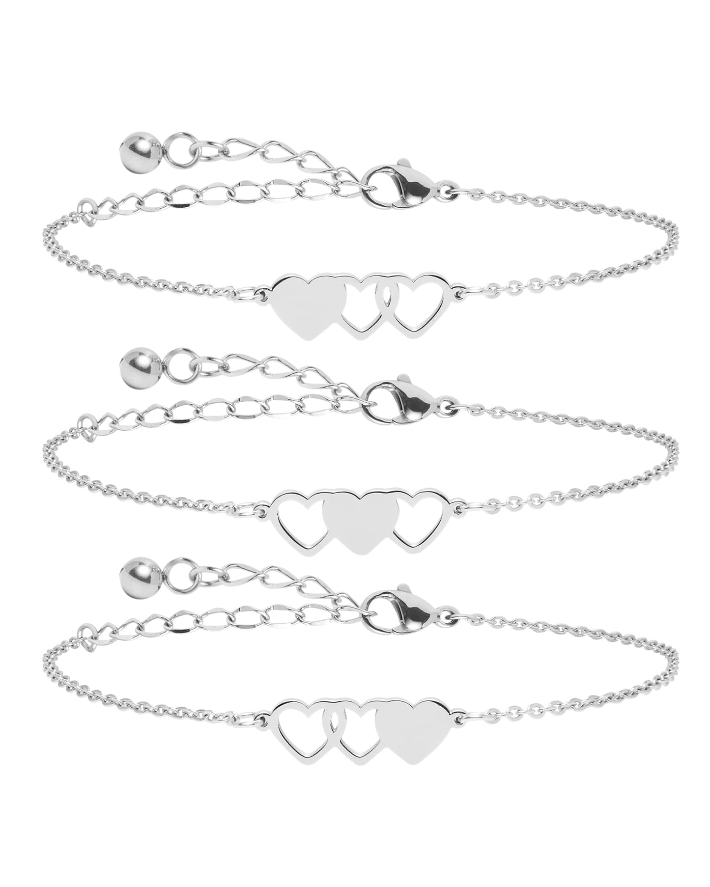 HOFOYA 3 Sister Bracelets Best Friends Bracelets for 3 Set of 3 Link Triple Heart Bracelets 3 BFF 3 Bestie Friendship Gifts Chri
