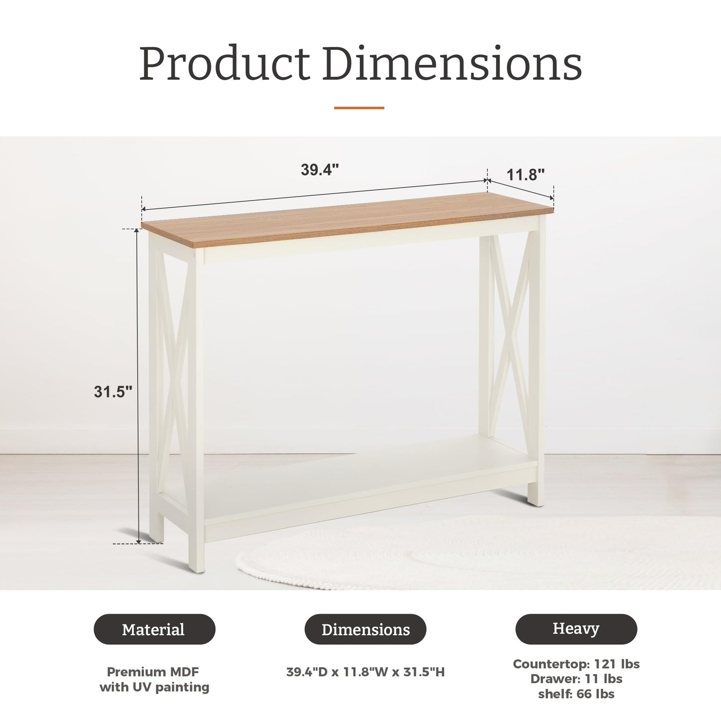 GREEN PARTY Vintage Farmhouse Entryway Console Table, 2-Tier Narrow Sofa Table with Storage Shelf for Living Room and Hallway, Rustic White Accent Furniture with Sturdy X-Shaped Legs