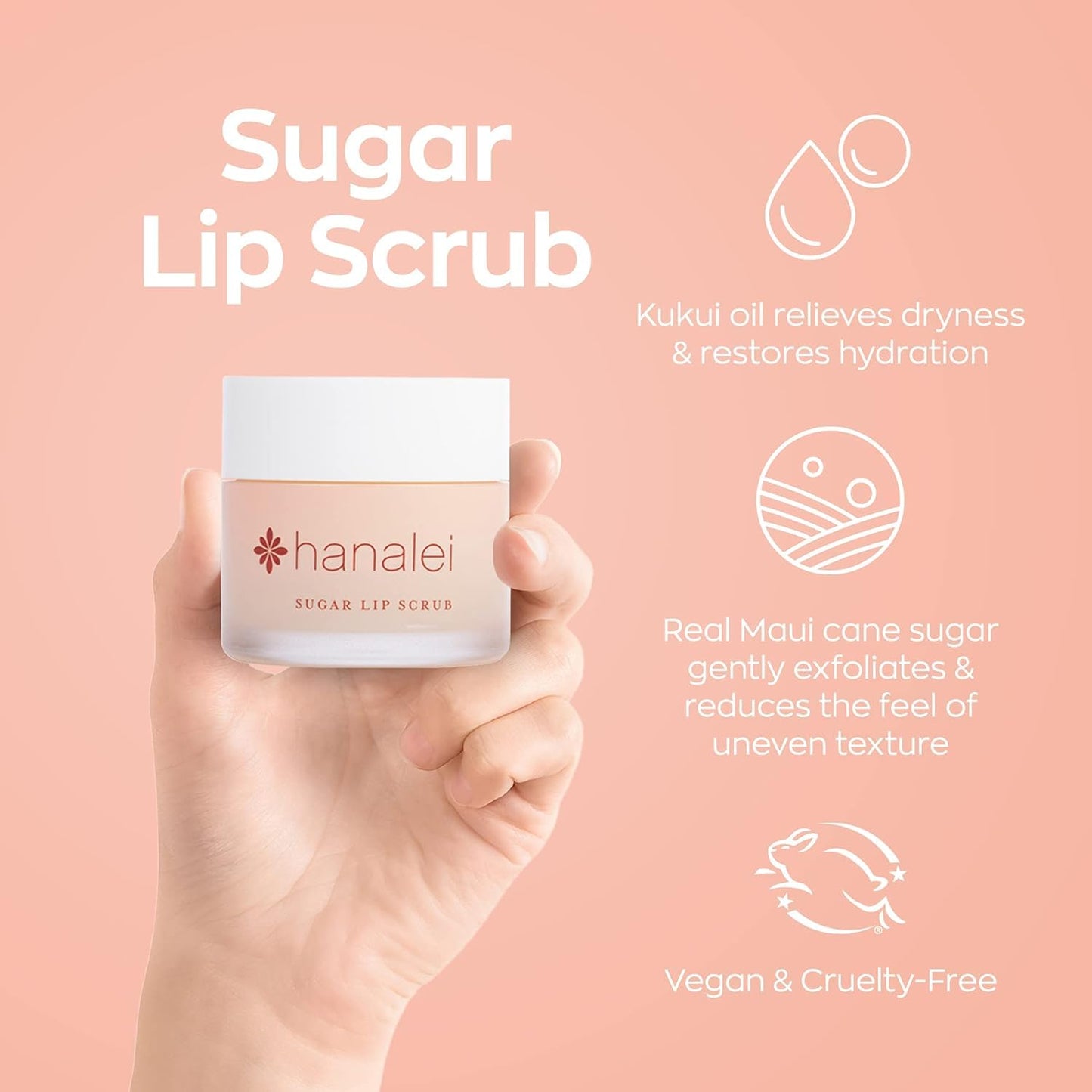 Hanalei Vegan Sugar Lip Scrub Exfoliator - Hawaiian Cane Sugar, Kukui Oil & Shea Butter for Smooth, Hydrated Lips - Natural, Cru