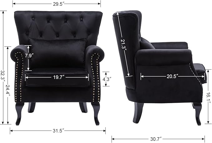 DM Furniture Mid Century Accent Chair Modern Button Tufted Armchair Club Chair Velvet Wingback Single Sofa Lounge Chair with Pillow for Living Room Bedroom, Black