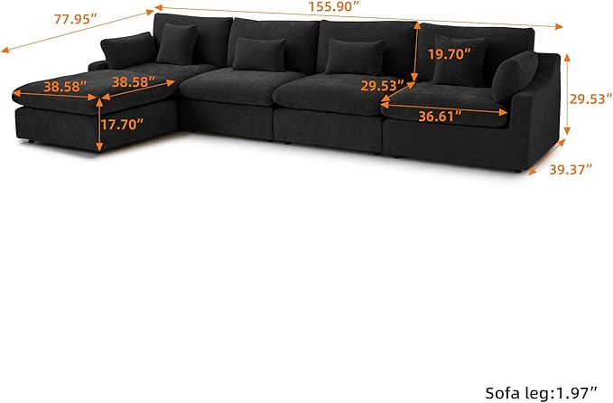 156" Cloud Couch Modular Sectional Sofa with Ottoman,L Shaped Couch,Down Filled Convertible Sofa,Cover Washable and Replaceable Couches for Living Room,Black