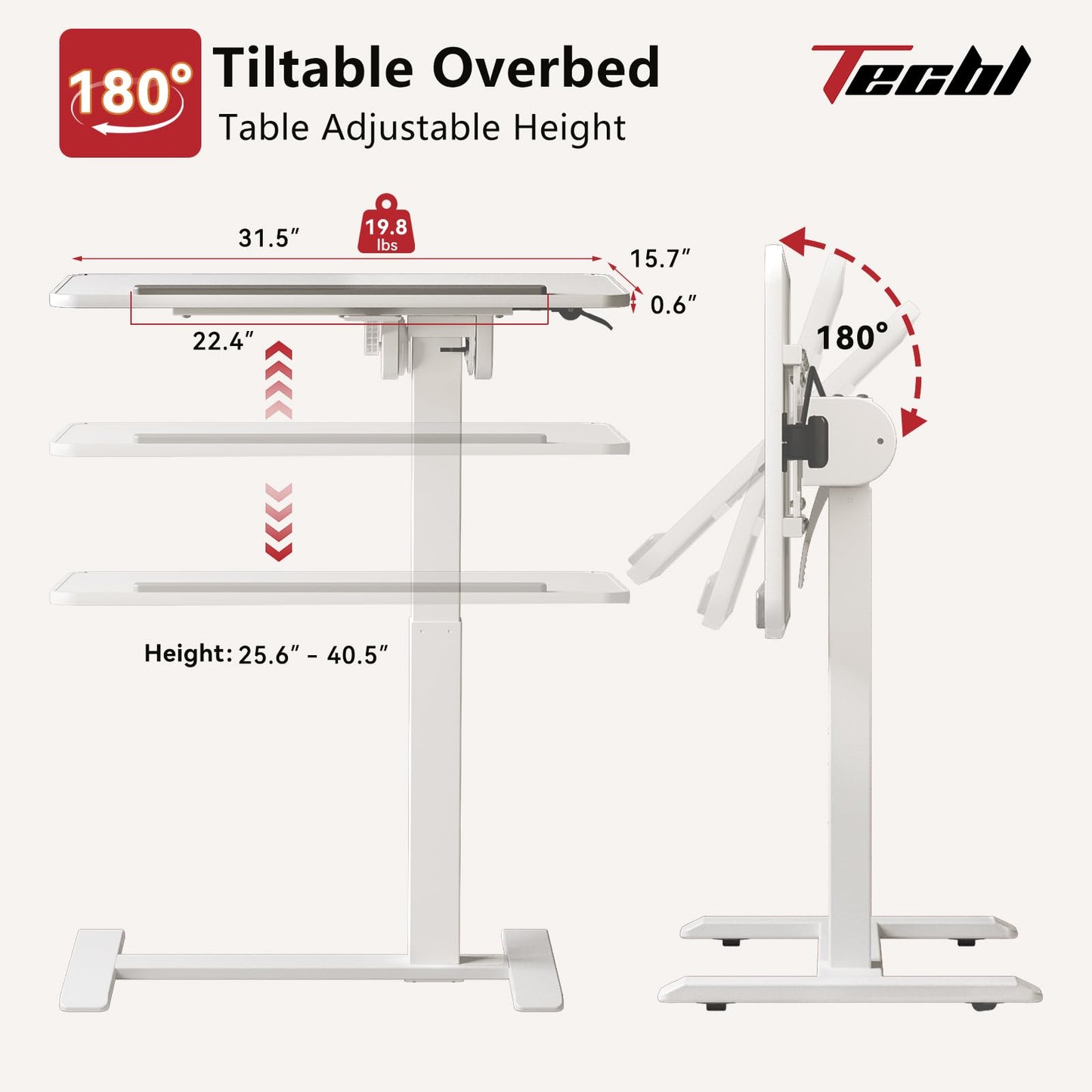 TecbL 180° Tiltable Mobile Standing Desk, Overbed Table with Wheels, 25.6" - 40.5" Height Adjustable Bedside Table, Portable Rolling Computer Desk for Home Office, Hospital - White