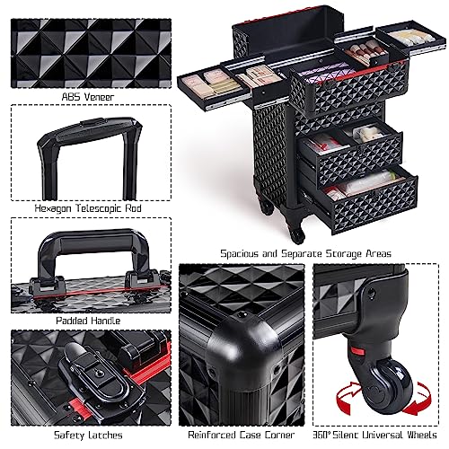 Yaheetech Rolling Makeup Train Case with Drawers Professional Nail Tech Travel Case Cosmetics Storage Organizer Beauty/Nail Art/Hair Styling Travelling Cart Trunk Black