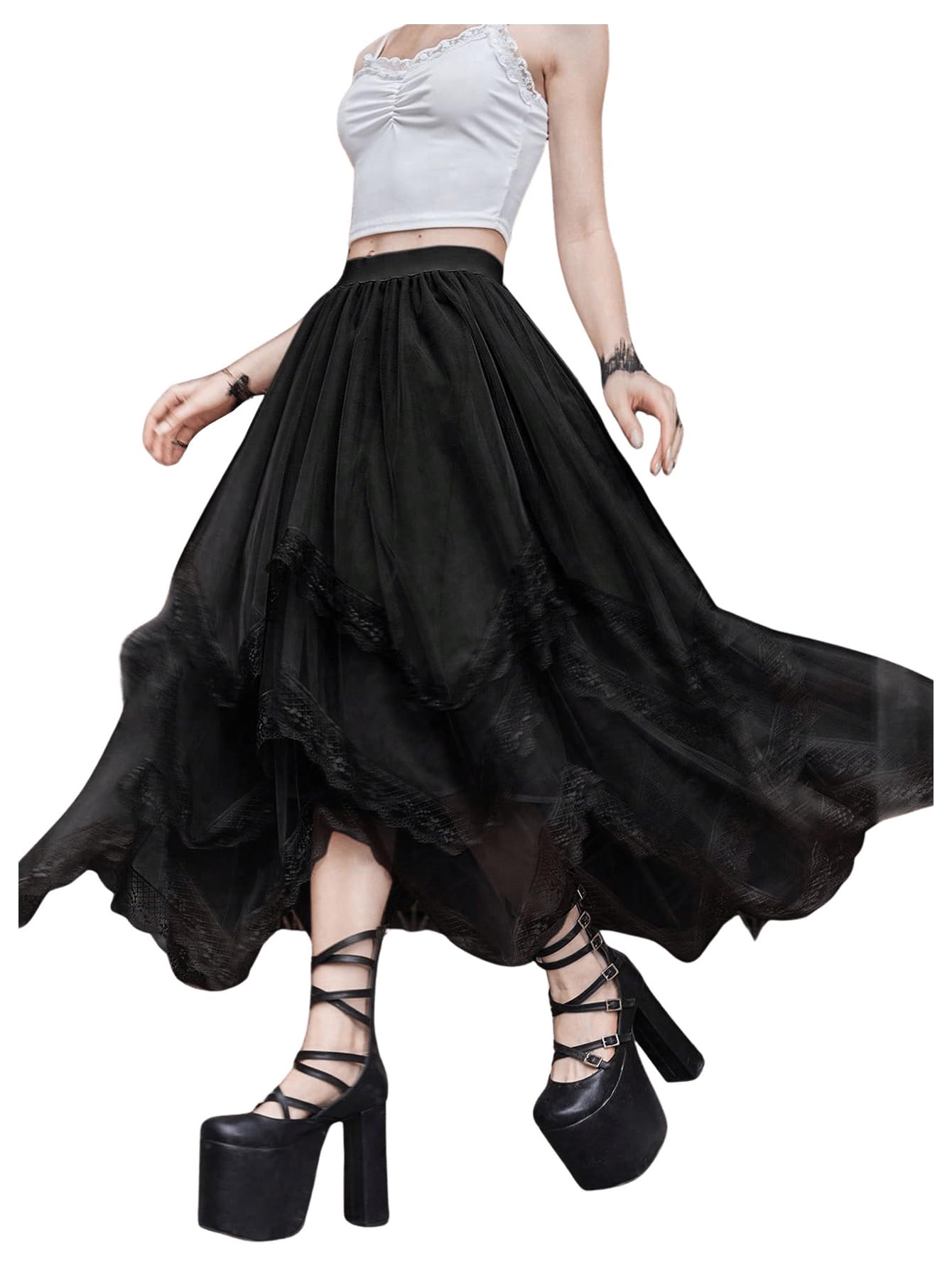 SHENHE Women's Lace Trim Layered Mesh Tulle Skirt High Waist Asymmetrical Long Goth Skirt Black S