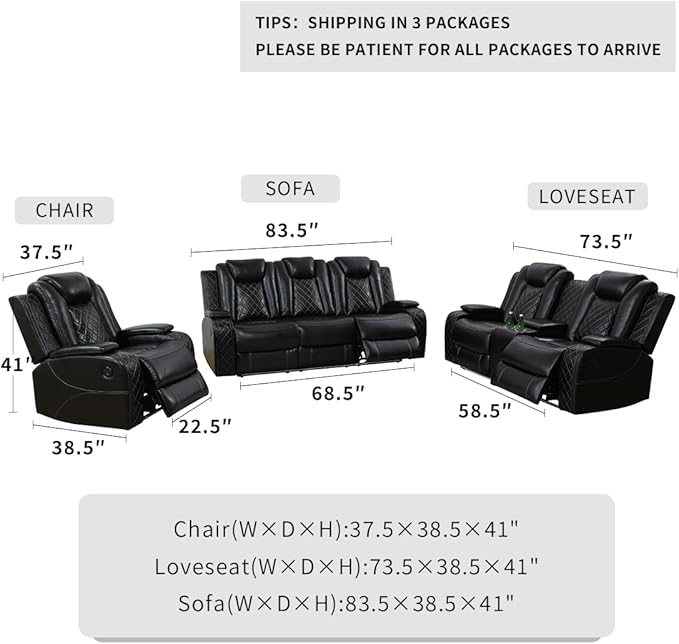 Dekmxas Power Reclining Loveseat Set, Living Room Furniture Sets, Black Breathing Leather Power Recliner Sofa Lovseat with 2 Recliner Seats/LED Light/Cup Holders/Storage Console for Living Room/Rv Car