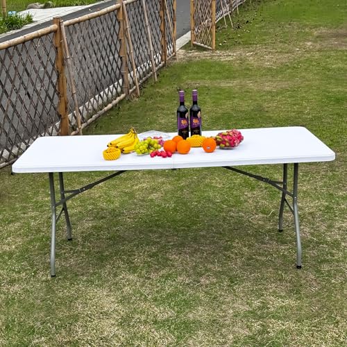 HUZJIEHUI 70.8" W X 29" D X 29" H - 6 ft Folding Table White Portable Heavy Duty Plastic Fold-in-Half Utility Foldable Tab...