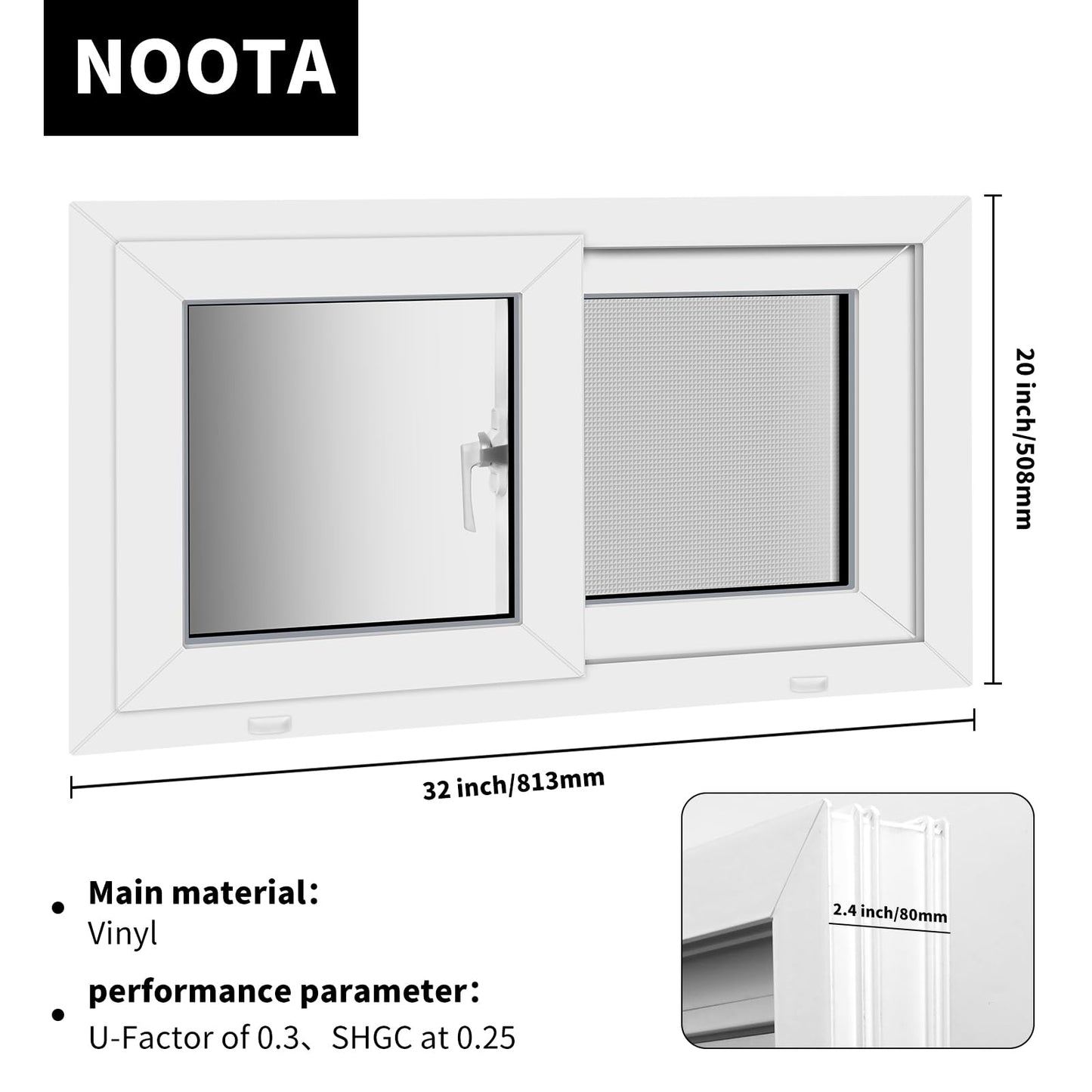 NOOTA Vinyl Basement Window,32" x 14"(14"&16"&18"&20"), Basement Sliding Window with Double Glazing,Sliding Windows with Screen Windows，White