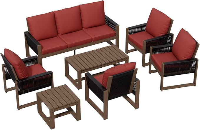 INTER HUT Rustic Hideaway Natural Cedar Wood Outdoor Furniture Set, Wicker Patio Conversation Set for Porch Garden Backyard, Couch, 4 Patio Chairs, Tables, 7 Piece, Brownish/Red
