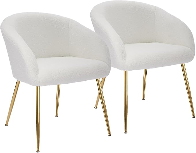 YDcosyfy Modern Small Accent Chair Set of 2, Comfy Sherpa Makeup Vanity Chair with Golden Metal Legs, Decorative Chair no Wheels for Living Room, Dressing Room, Bedroom, White