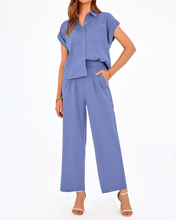 PRETTYGARDEN Womens 2 Piece sets Summer Cap Sleeve Tops Palazzo Pants Dressy Casual Vacation Travel Outfits Tracksuits