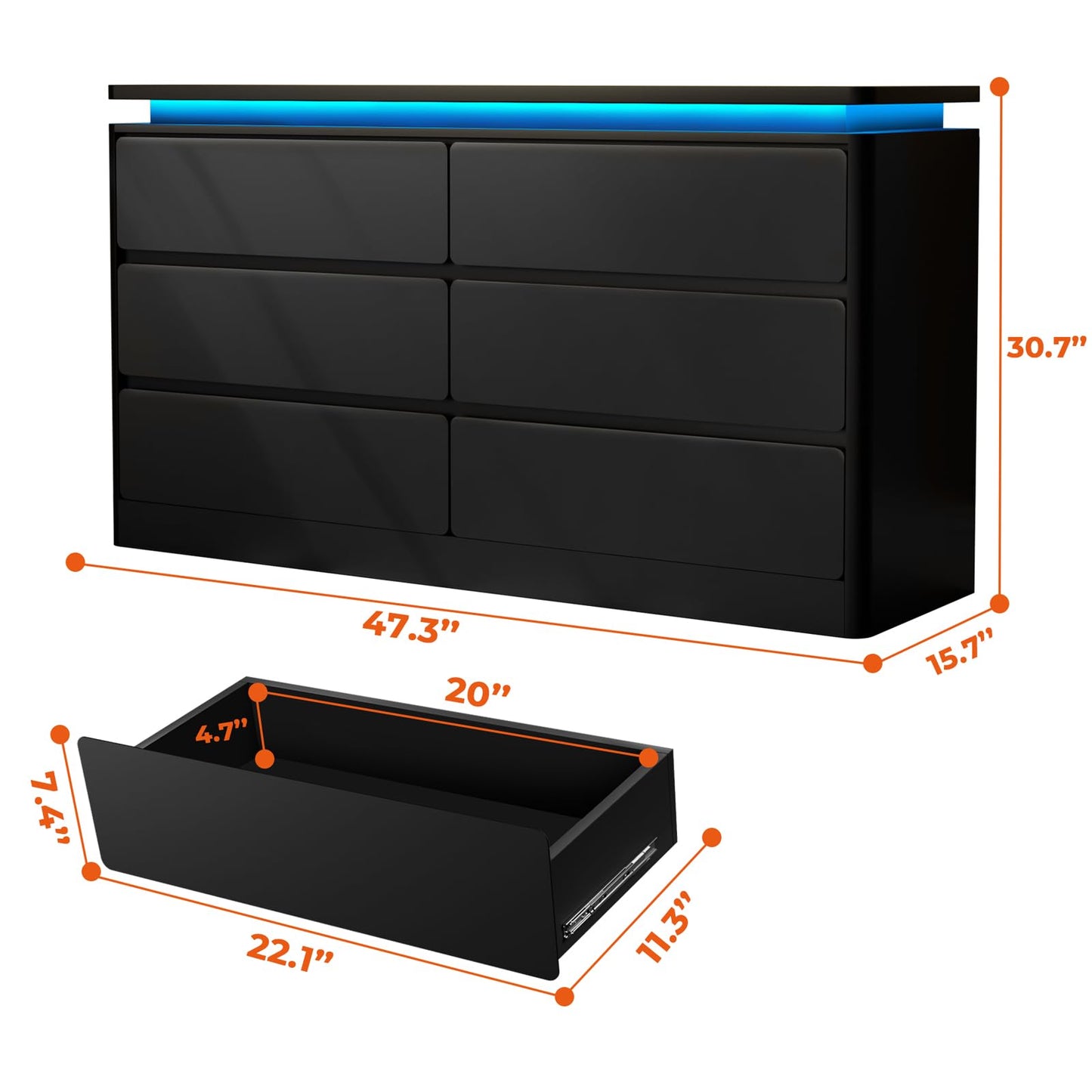 Upgraded 6 Drawer Black Dresser for Bedroom, 47.2" Long Chest of Drawers with Charging Station & LED Lights, Wooden Storage Cabinet Dresser for Closet,Modern TV Stand with Deep Drawers